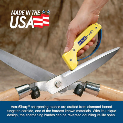 Hand using AccuSharp honed tungsten carbide scissors sharpener for kitchen, garden, hedge clippers, and shears sharpening blades