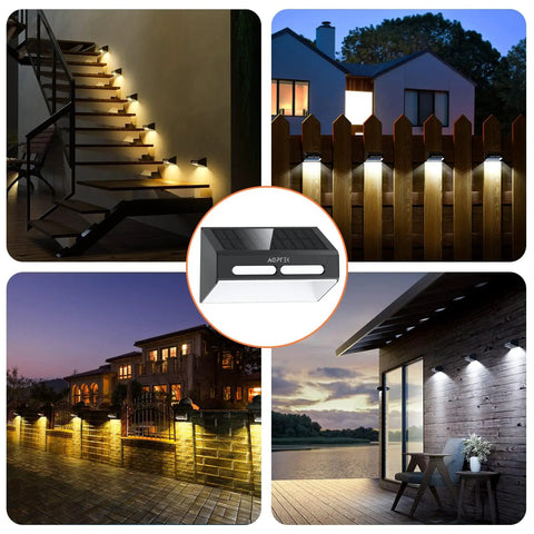 Solar Fence Lights 6 Pack With Warm White And RGB Color Glow Outdoor LED Wall Lights for stairs, fences, and patios.
