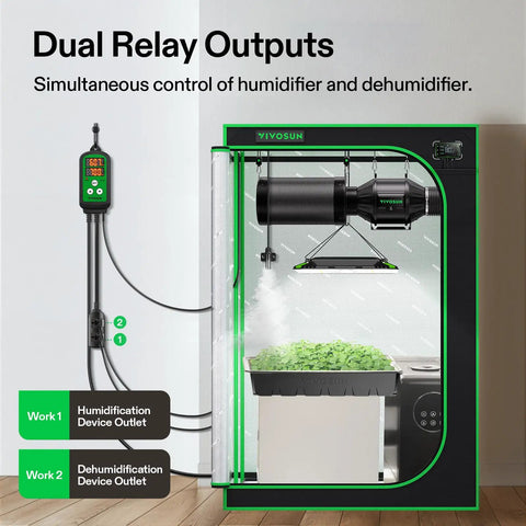Slick Digital Humidity Controller With Dual Led Displays And Hassle Free Pre Wired 1200W Dual Stage Outlet For Automatic Humidifier Dehumidifier Fan Control In Your Grow Tent Greenhouse Or Home Brew Setup