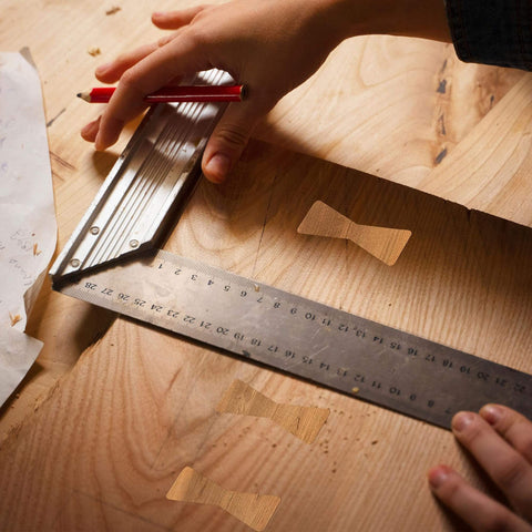 Carpenter using All In One 7 By 7 Inch Router Templates Set With Ten In One Bowtie Inlay And Butterfly Templates For Woodworking