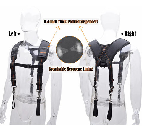 Front and back view of tool belt with suspenders for construction pros framer and carpenter pouch system with EVA padding