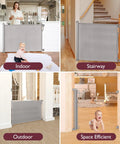 Image of a retractable baby gate for stairs and doorways showing indoor, outdoor, and stairway use with a 33 inch tall design.