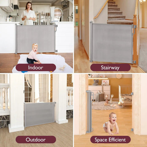 Image of a retractable baby gate for stairs and doorways showing indoor, outdoor, and stairway use with a 33 inch tall design.