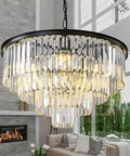 4 Tier Black Modern Crystal Chandelier Ceiling Light Fixture With 9 Crystal Lights, Diameter 23.6 Inches, in living room