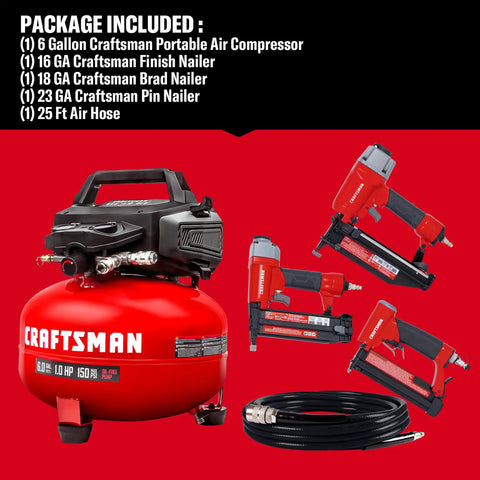 Craftsman 6 Gallon Pancake Air Compressor With Nailer Combo Kit Oil Free Portable Air Tool Set Perfect For Home DIY Fraternity Dorm Projects And Finish Carpentry Work Up To 150 Psi