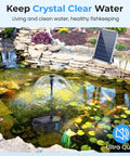 Solar Pond Filter Kit With 12W Panel And 160GPH Fountain Pump, pond feature with stone edging and clear water.