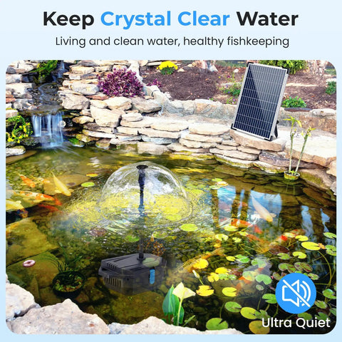Solar Pond Filter Kit With 12W Panel And 160GPH Fountain Pump, pond feature with stone edging and clear water.