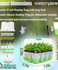 5 Pack Reusable 60 Cell Seed Starter Trays With Humidity Dome, silicone trays with green seedlings and garden tools shown.