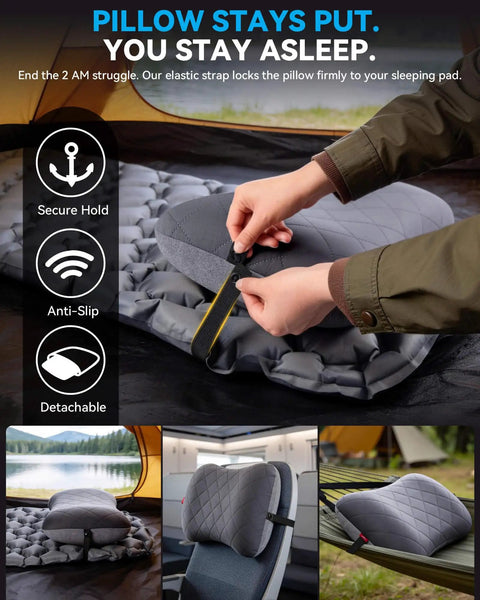 Ultralight Inflatable Travel Neck Pillow With Removable Cover For Neck And Lumbar Support in use with elastic strap, Grey