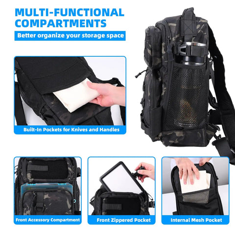 All In One 103 Piece Fishing Tackle Bag Set For Men Waterproof Camouflage Backpack with compartments and rod holder.