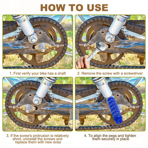 Four-step installation guide for Two Pack Aluminum Alloy Bike Pegs For Three Eighths Inch Axles Anti Skid Foot Pegs for front or rear use.
