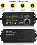 60W Adjustable DC Power Supply With LED Display, 3V To 12V Output, 5A Max, front view showing controls and voltage indicator