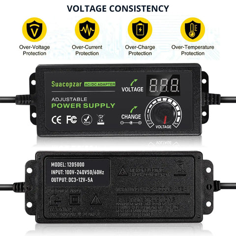60W Adjustable DC Power Supply With LED Display, 3V To 12V Output, 5A Max, front view showing controls and voltage indicator
