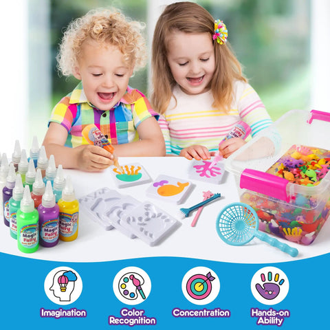 Children playing with Glow In The Dark Water Fairy Toy Kit For Kids With Aqua Gel And 16 Molds, Includes 20 Gel Tubes, DIY Squishies Maker Set