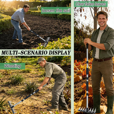 People using an Upgraded 8 Tines Stainless Steel Weeding Tool With Adjustable Length Handle And Four Interlocking Sections No Fuss Manual Weeder Rake for garden weeding, loosening soil, and clearing fallen leaves.