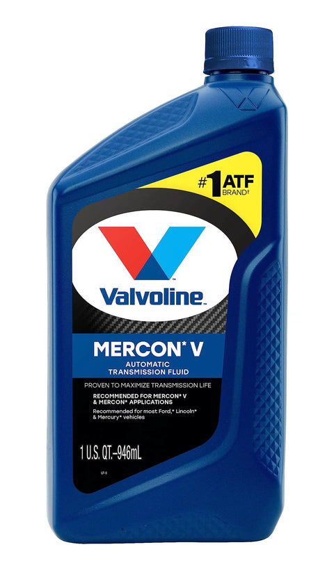 Mercon V Automatic Transmission Fluid in blue plastic bottle, 1 quart size, designed for reliable shifting and performance.