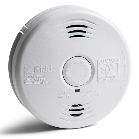 Dual Hazard Smoke And Carbon Monoxide Detector With Voice Warning Hardwired Setup And Ten Year Sealed Lithium Battery Backup Interconnectable Network Built Tough For Zero Drama Family Safety White close-up view showing buttons and alarm indicator.