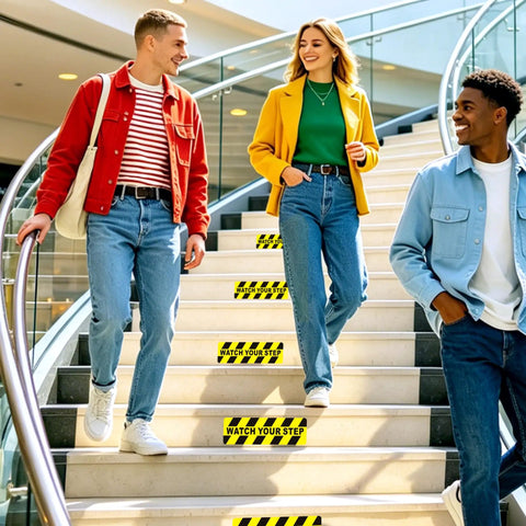 Watch Your Step Sign 5 Pack Budget Friendly Self Adhesive Floor Decals on stairs in a mall