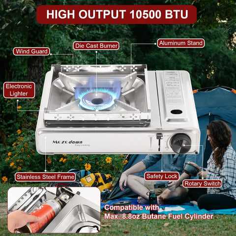Portable Butane Camping Stove With Carrying Case, 10,500 BTU High-Output Single Burner With Auto Ignition, outdoor use