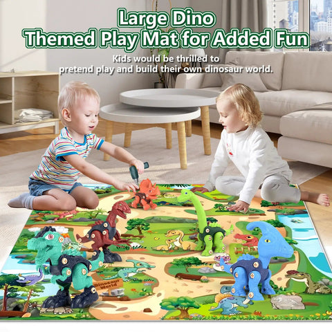 Children playing with Five Dino Building Set For Kids With STEM Learning Build Your Own Tyrannosaurus Rex Triceratops on play mat