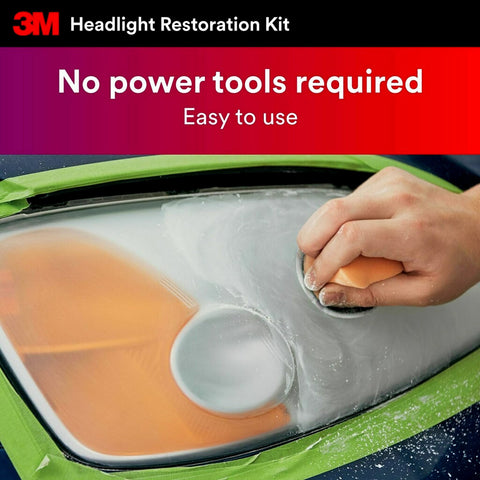 Hand restoring headlight using Two Pack Headlight Lens Restoration Kit Medium Duty No Tools Required Restores Cloudy Yellowed Plastic Lenses With Sanding Discs Rubbing Compound And Foam Pads For Easy DIY Home Car Care