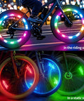Rechargeable Wheel Lights 2 Pack For Bike Spokes With Weatherproof Design, shown in multicolor glow on bike in motion and static mode