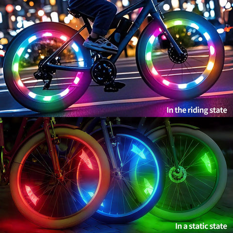 Rechargeable Wheel Lights 2 Pack For Bike Spokes With Weatherproof Design, shown in multicolor glow on bike in motion and static mode
