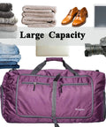 Heavy Duty Foldable Travel Duffel Bag 60L Waterproof Water Resistant Large Capacity For Beach Trips Gym Pool Sports Overnight Carryall Purple Tough As Nails Everyday Companion For Travel Or Weekend Getaways Go Anywhere showing organized items like clothes, shoes, camera, and electronics surrounding the bag.