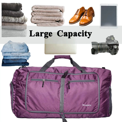 Heavy Duty Foldable Travel Duffel Bag 60L Waterproof Water Resistant Large Capacity For Beach Trips Gym Pool Sports Overnight Carryall Purple Tough As Nails Everyday Companion For Travel Or Weekend Getaways Go Anywhere showing organized items like clothes, shoes, camera, and electronics surrounding the bag.
