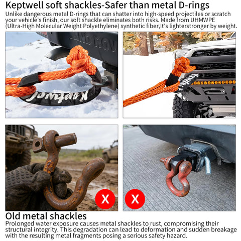 Beefy Heavy Duty Soft Shackle With UHMWPE Tow Connector Half Inch By Twenty Two Inches connected to SUV vs metal shackles