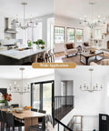 Six Light Farmhouse Candle Chandelier In Black And Brass For Bedrooms Kitchen Island And Dining Rooms Ceiling Light Fixture in room settings