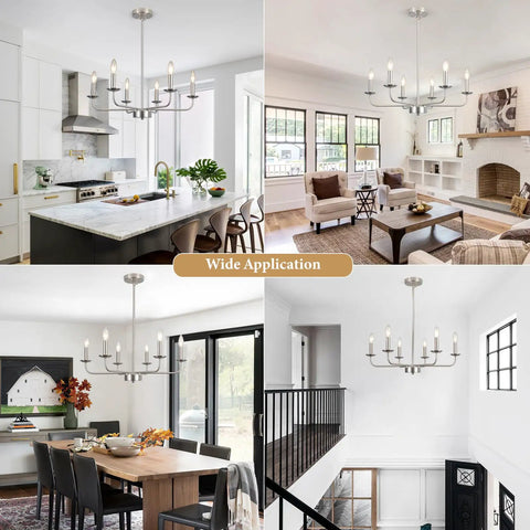 Six Light Farmhouse Candle Chandelier In Black And Brass For Bedrooms Kitchen Island And Dining Rooms Ceiling Light Fixture in room settings