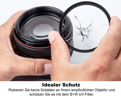Person holding broken filter next to camera lens, illustrating use of Clear Protection Filter For Camera Lens With Ultra Slim Titan Mount.