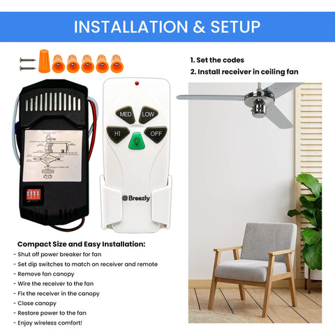 Installation setup for Ceiling Fan Remote Control Kit With 3 Speed Settings And Light Dimming Easy To Program And Install