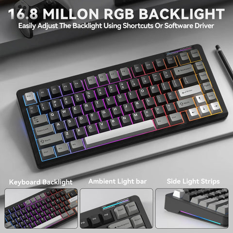 Compact 75 Percent Wireless Mechanical Gaming Keyboard With Hella Smooth Triple Connection Modes And A Massive Ten Thousand Milliamp Hour Battery, showcasing 16.8 million RGB backlight features.