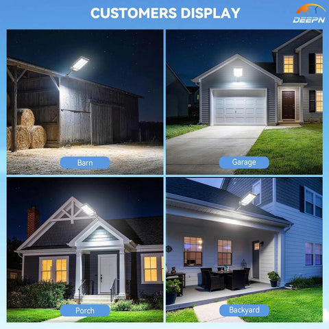 Solar Outdoor Flood Lights 6500K Dusk To Dawn with Motion Sensor and Remote Control illuminating barn, garage, porch, backyard