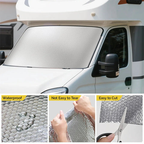 Premium Reflective Window Film Roll 48 By 10 Feet Aluminum Foil Thermal Insulation installed on RV windshield for summer heat protection.