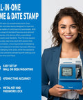 Amano Pix-200 Electronic Time Stamp And Clock Combo Machine For Office shown by smiling woman, compact design for attendance records.