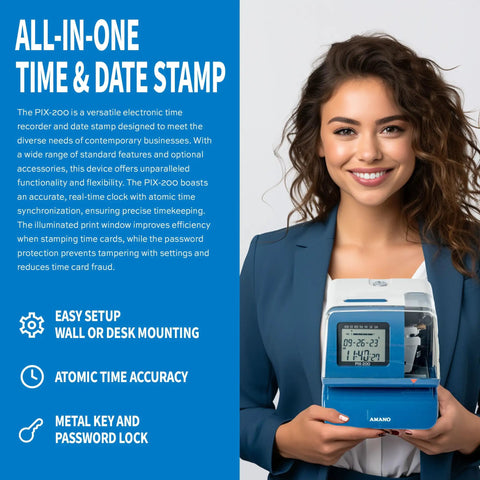 Amano Pix-200 Electronic Time Stamp And Clock Combo Machine For Office shown by smiling woman, compact design for attendance records.