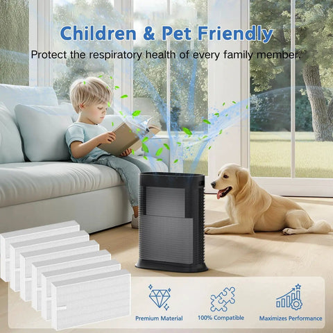 Child reading and dog with HEPA Filter Replacement For HPA100 HPA200 HPA300 And 5000 Series Air Purifiers 6 Pack in room.