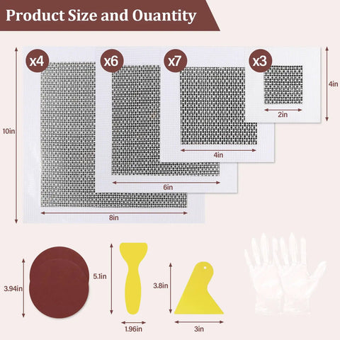Diagram showing Essential 25 Piece Drywall Patch Repair Kit with various patch sizes, scrapers, and gloves for repairs.