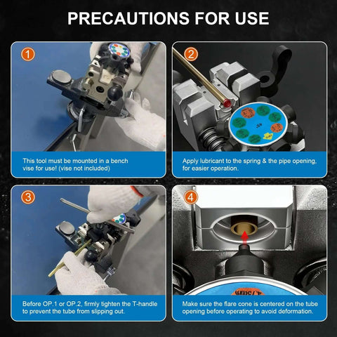 Instructions for using Professional Brake Line Flaring Tool Kit For 45 Degree Single Bubble And Double Flare with bench-mounted setup.