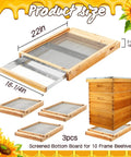 3 Pack 10 Frame Beehive Metal Screened Bottom Boards With Entrance Reducers, dimensions labeled, pro-grade beekeeping gear