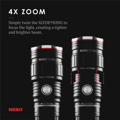Rechargeable 500 Lumen LED Work Light And Flashlight With 4x Zoom feature details shown