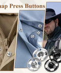 All-In-One Hook And Eye Sewing Kit With Bra, Skirt And Snap Fasteners shown with snaps on clothing and a hiker with backpack