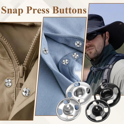 All-In-One Hook And Eye Sewing Kit With Bra, Skirt And Snap Fasteners shown with snaps on clothing and a hiker with backpack