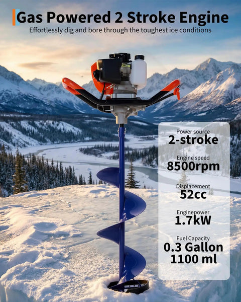 Beefy 52cc Gas Powered Post Hole Digger With 10 Inch Bit And 31 5 Inch Shaft Air Cooled 2 Stroke Engine showcased in snowy mountains