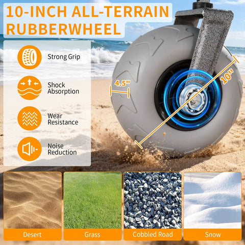 Beach Wagon With Big 10 Inch Balloon Wheels For Sand And All Terrain, Heavy Duty Foldable Cart on sandy beach showcasing wheel