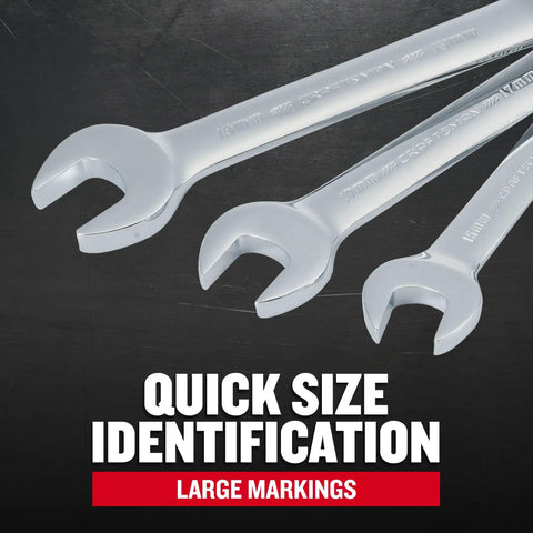 7 Piece Ratchet Set With 72 Tooth Quick Engagement Box End, 180 Degree Flex Head For Tight Spaces, Solid Chrome Finish, Easy Size Markings, Durable Metric Tools For Home, Automotive, And Pro Projects, showing large size markings on wrench heads for quick identification.