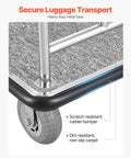 Close-up of a Hotel Luggage Cart with Brushed Stainless Steel Finish and Grey Carpeted Deck, featuring 6-inch rubber wheels and bumper.